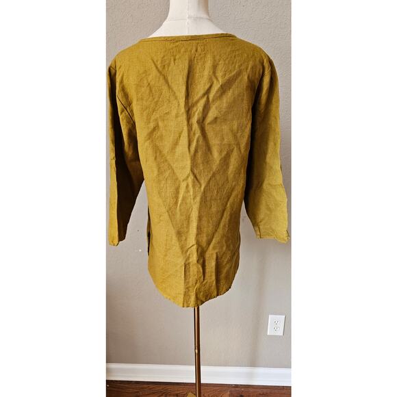 FLAX Chartruese Mustard Brown Linen Lagenlook V Neck Long Sleeve Tunic Top Small - Picture 3 of 6